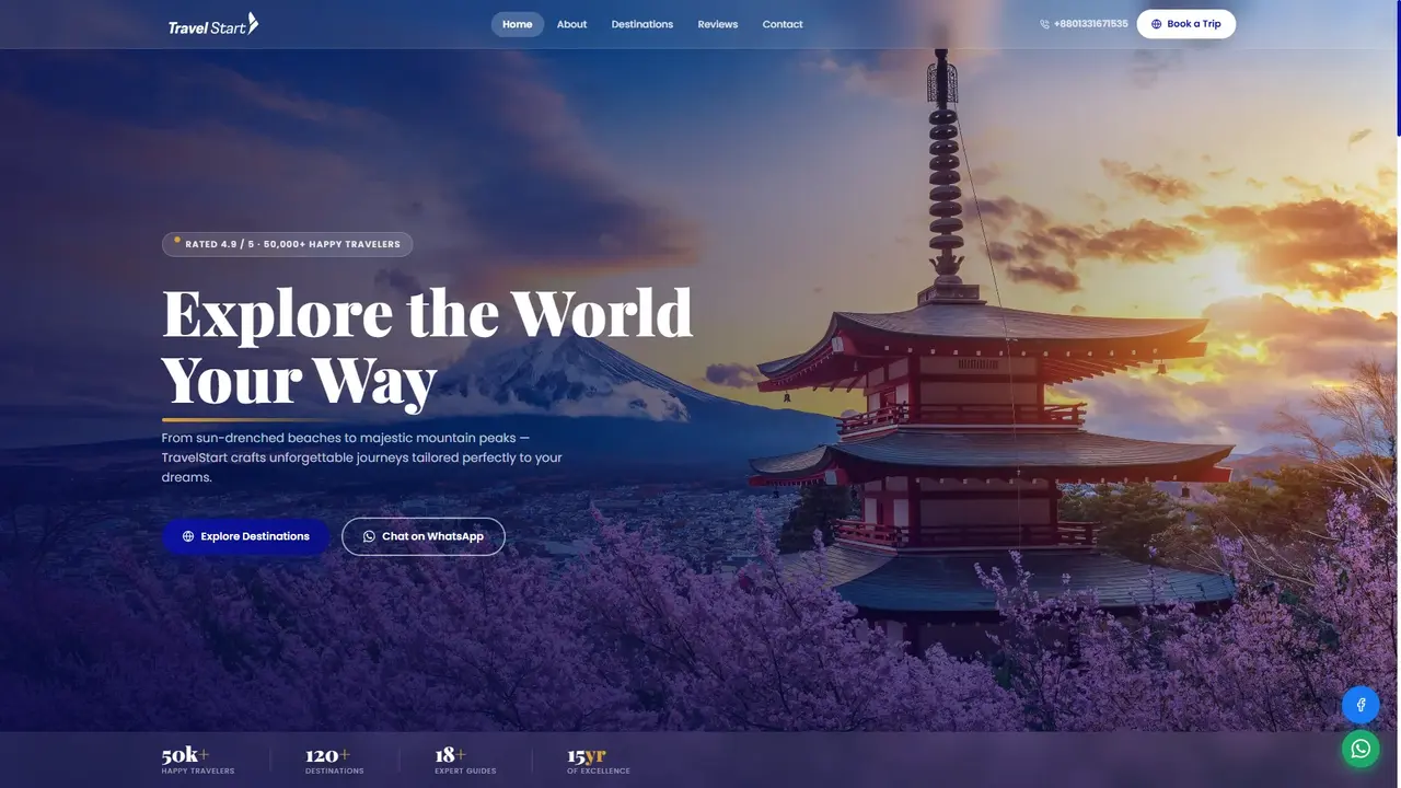 Screenshot of TravelStart — A travel and tourism booking site for a Dhaka-based agency.